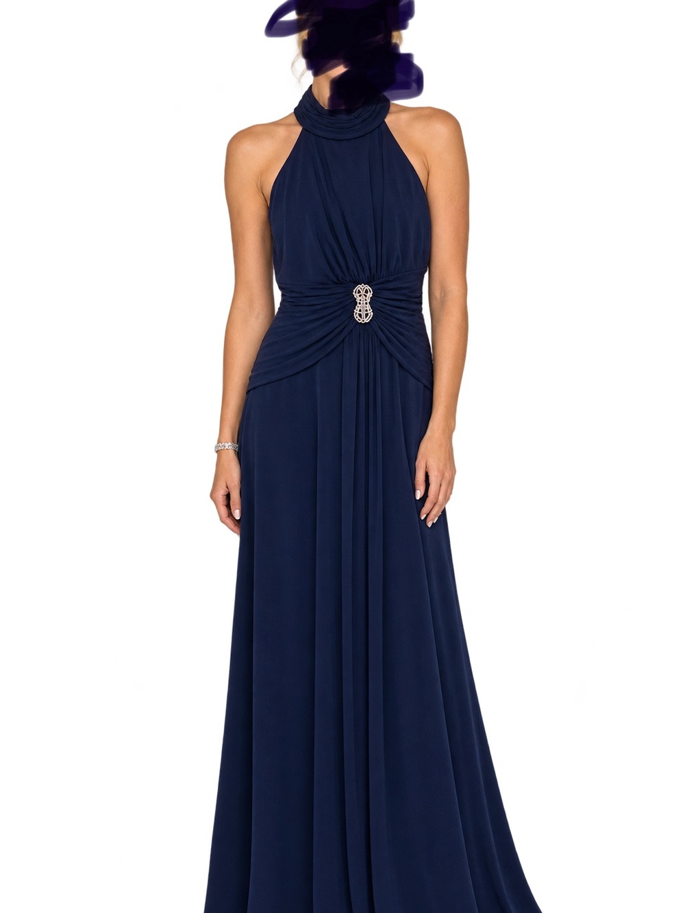 Eliza J Halter Navy Blue Pleated Cross Neck Jeweled Waistband Gown in size 6